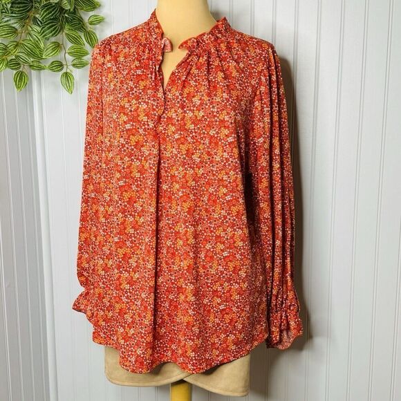 Max Studio Womens Plus Sz 1X Ruffle Neck Top Red White Floral Long Sleeve BOHO - Picture 2 of 15